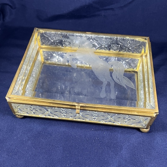 Other - Vintage Etched Unicorn Glass Jewelry Box Gold Hinged Lid Ornate Collectible